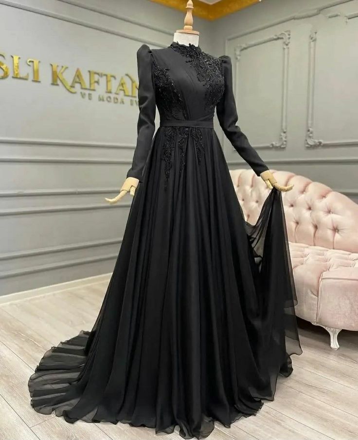 Black Evening Dresses Long Sleeves Beading Chiffon A-line Formal Prom Party Gown S6899
