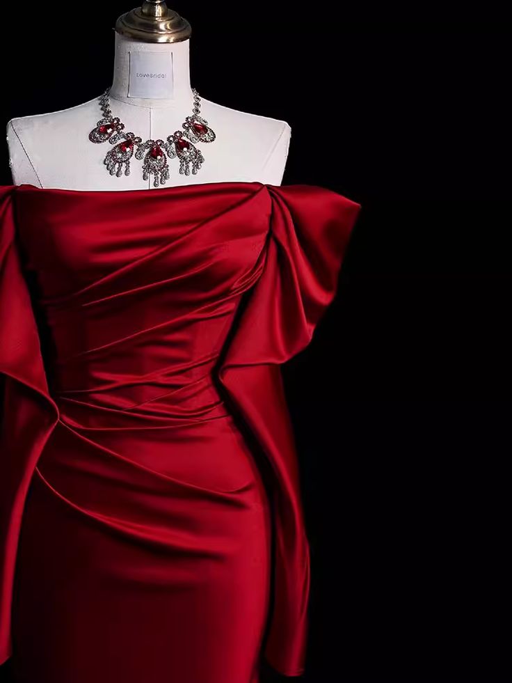 Mermaid Off The Shoulder Burgundy Long Satin Prom Dresses S6911