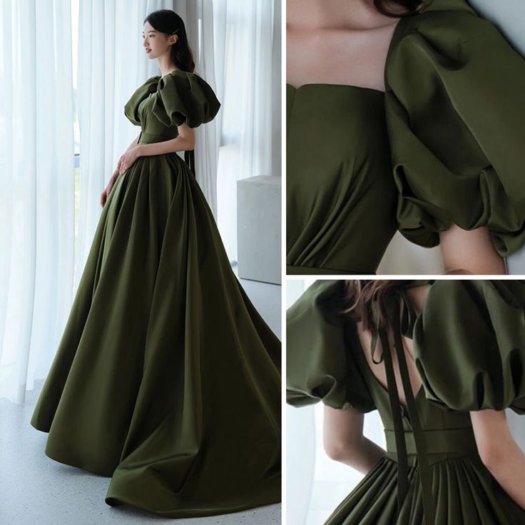 A Line Green Puffy Sleeves Long Evening Gowns Party Prom Dresses S6931