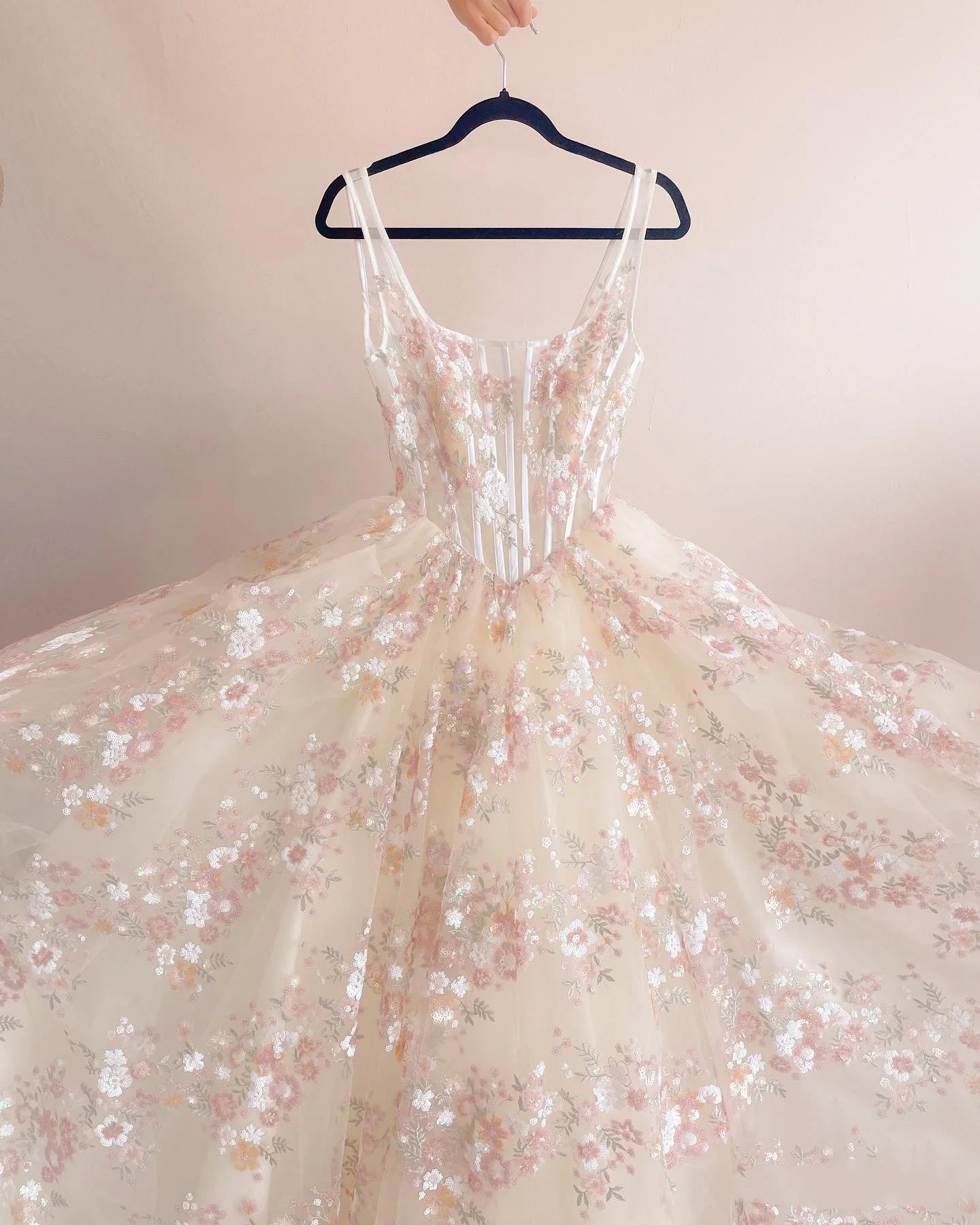 Pink Square Neck A Line Floral Prom Dress S6506