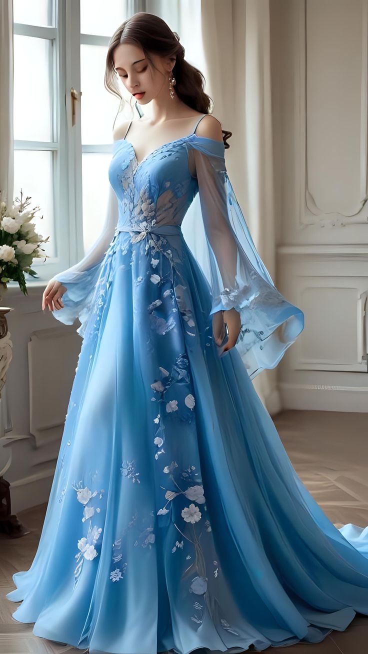 Off Shoulder Blue Tulle Long Evening Gowns Sexy Prom Party Dresses S6923