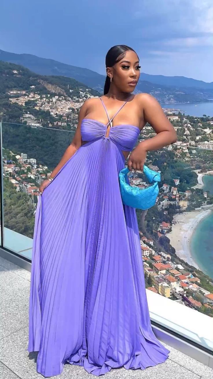 Purple A Line Pleated Long Prom Dress S6844