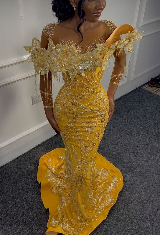 Gorgeous Yellow Beaded Mermaid Evening Dress Long Prom Dress S6792