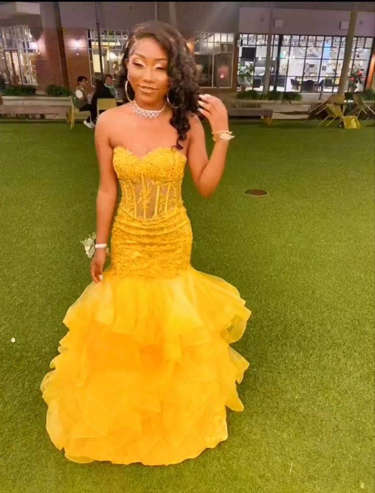 Yellow Mermaid Long Prom Dresses for Women, Evening Birthday Gown For Black Girl S6801