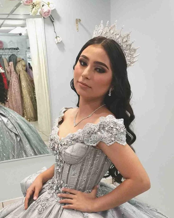 Silver Off Shoulder Crystal Quinceanera Dresses Birthday Party Ball Gown S6782