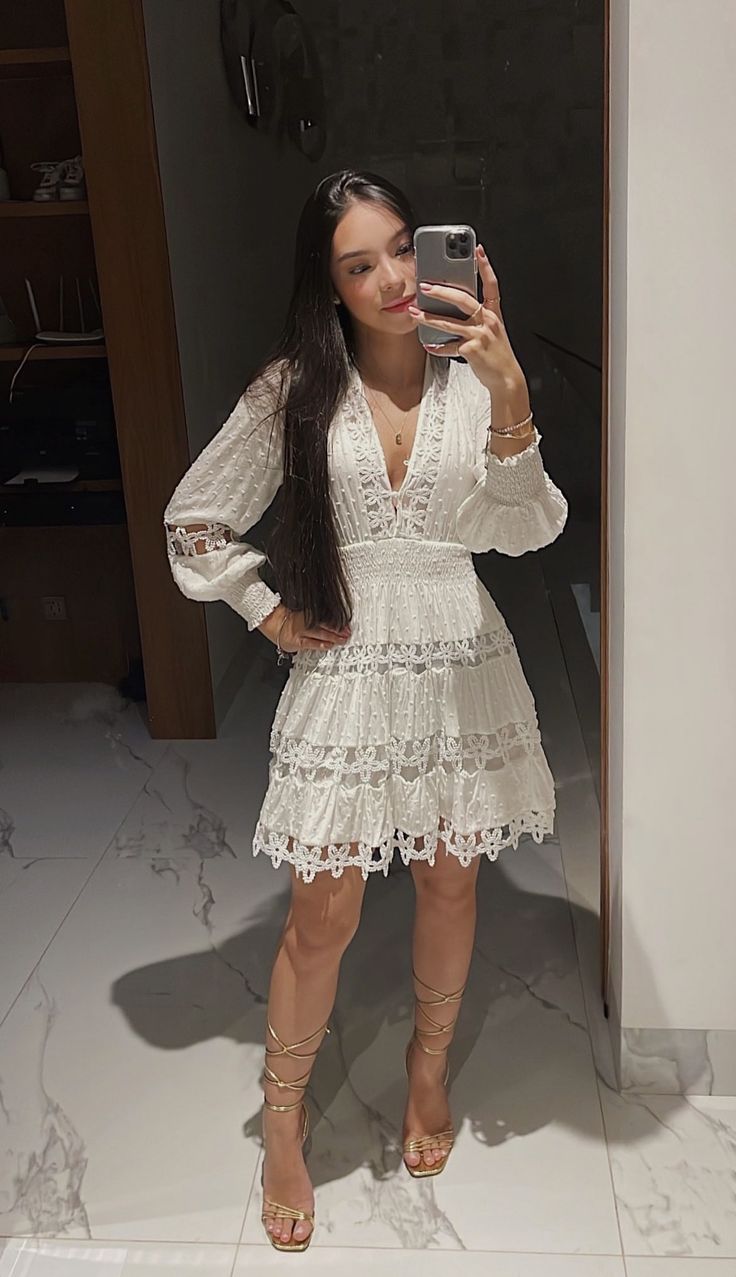 White Lace Long Sleeves Short Party Dress Cute Birthday Outfits S6783