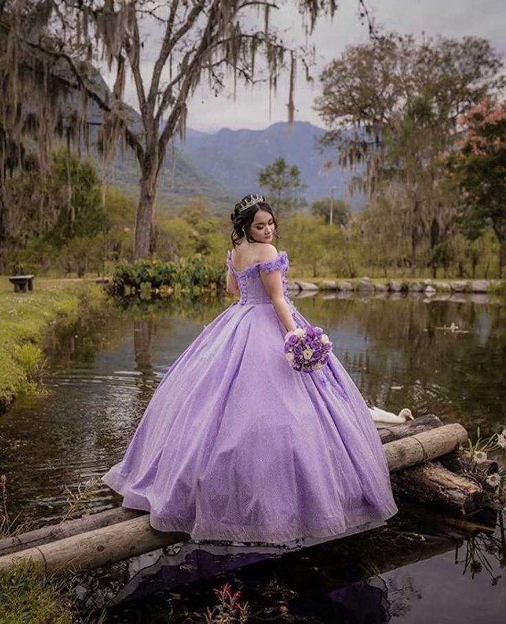 Lavender Ball Gown Off The Shoulder Prom Dress With 3D Flowers S603