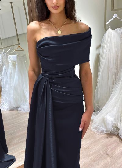 Sheath/Column Dark Navy One Shoulder Satin Prom Dresses S6804