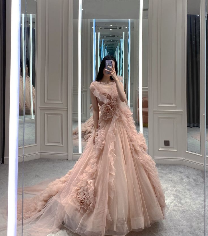 A Line Tulle Pink Evening Dress Long Prom Dress S6344