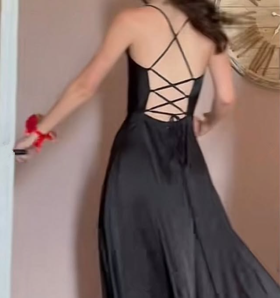 Simple A Line Straps Black Long Prom Dresses Evening Dress With Slit S6827