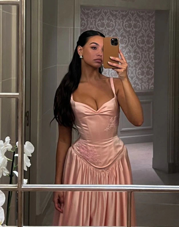 Pink Retro Elegant A-Line Spaghetti Straps Satin Long Evening Dress Birthday Party Dress Bridesmaid Dress S6815