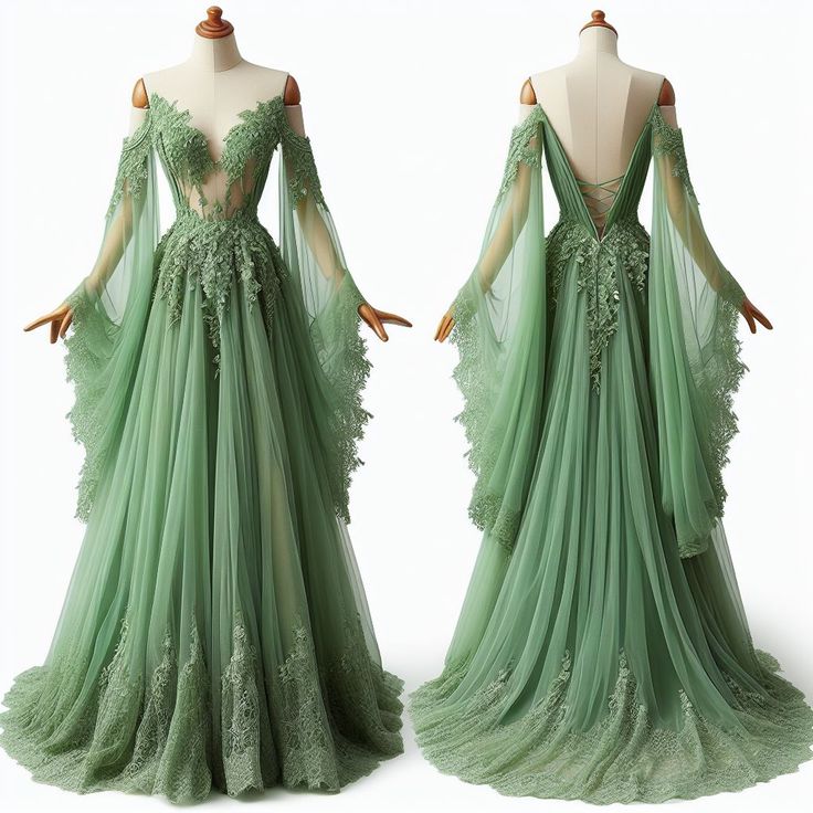 Green Tulle Off The Shoulder Lace Long Prom Dress S6495