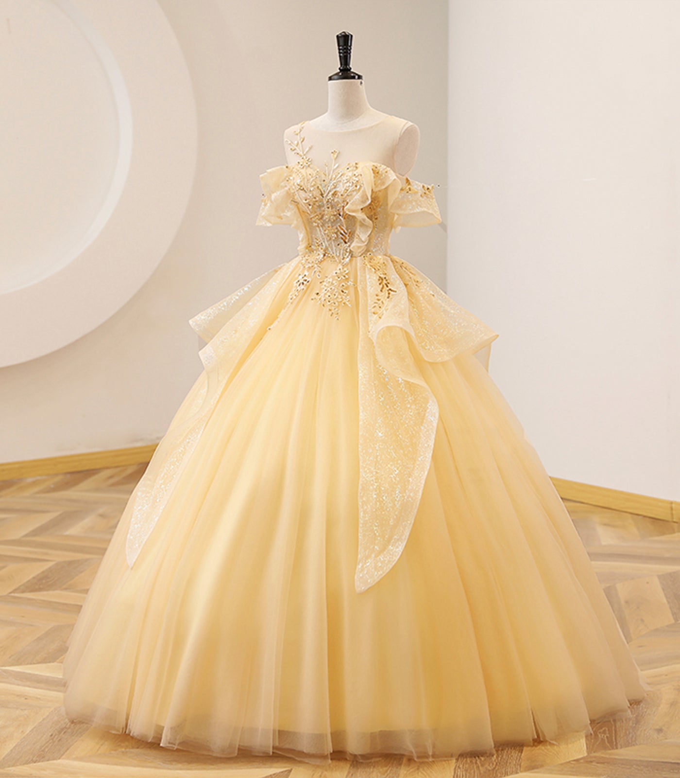 Yellow Ball Gown Beaded Sweet 16 Dress, Yellow Long Prom Dress Formal Dress S6356