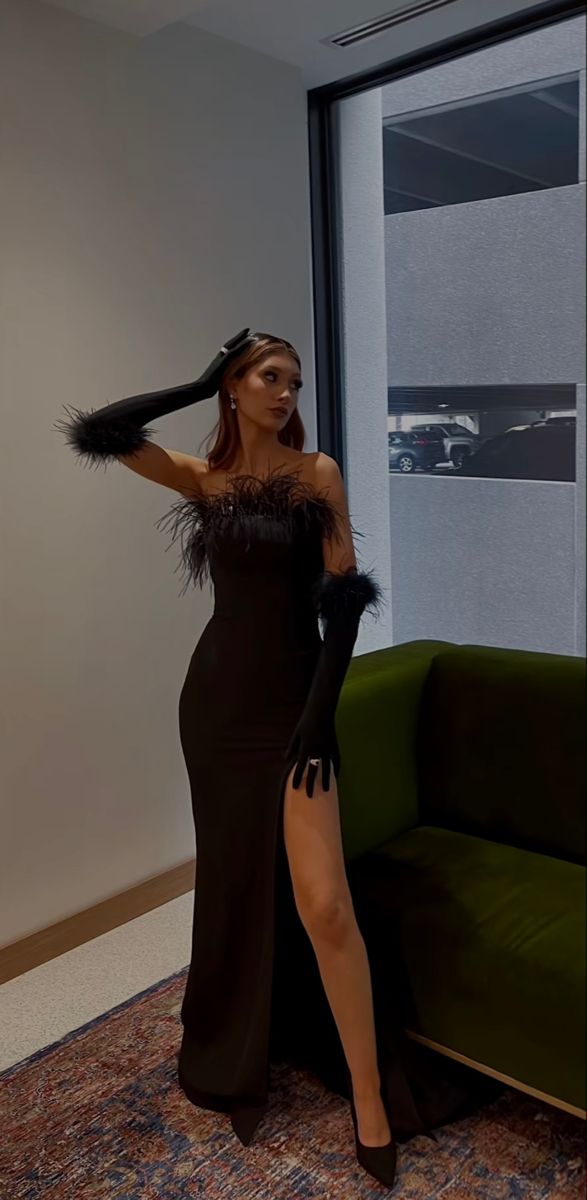 black feather prom dress with gloves Evening Dresses for Women, Black Prom Dresses S6309
