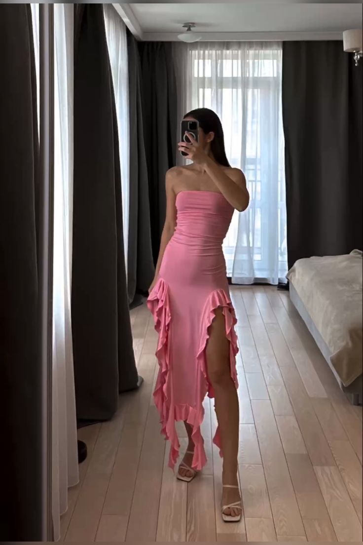 Elegant Strapless Pink Irregular Dress Women Sexy Sleeveless Midi Dresses S6118