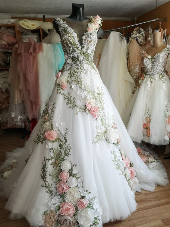3D Flower Lace formal Wedding Dresses Modest Backless A-Line Long Tulle Bridal Gowns Floral Bridal Party Dresses S6298