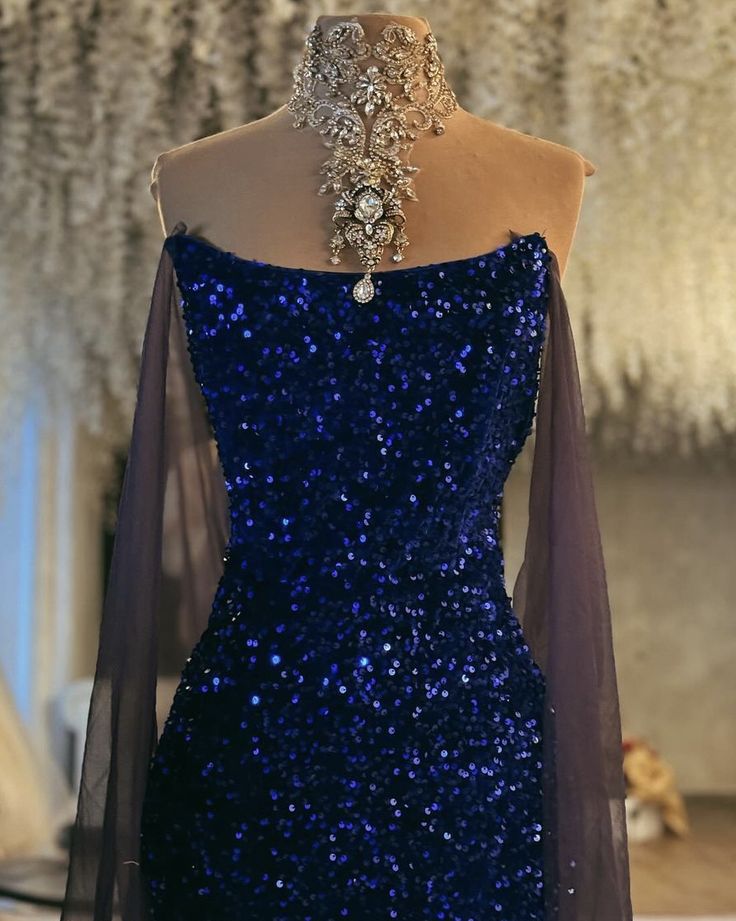 Navy Blue Sequin Mermaid Party Prom Dresses Long Evening Dress S6576