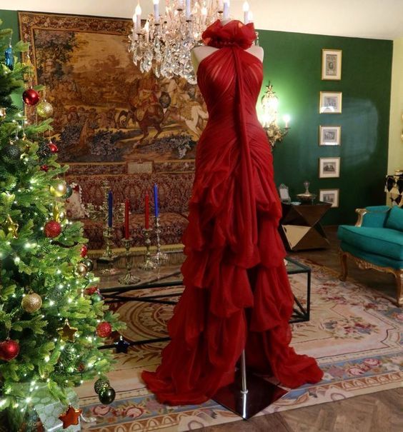 Modest High Low High Neckline Tulle Red Prom Dresses S6267