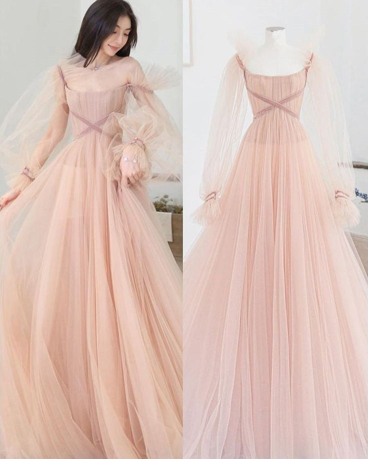 A Line Tulle Long Sleeve Pink Evening Dress Long Prom Dress S6334