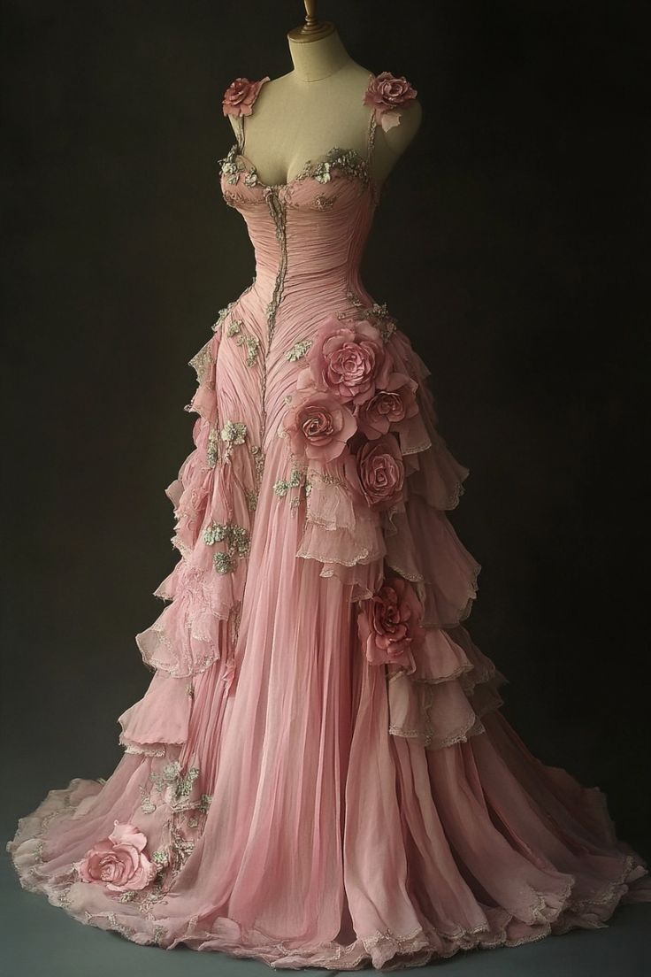 Unique Pink Long Ball Gown 3D Flowers Formal Evening Dress S6451