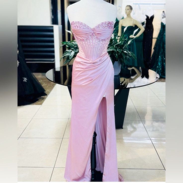Elegant Sheath Sweetheart Sequin Pink Satin Slit Prom Dresses Evening Dress S6568