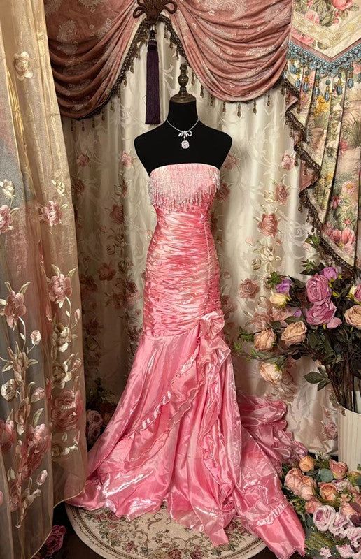 Sexy Mermaid Strapless Pink Satin Long Evening Dress Party Dress Prom Dresses S6265