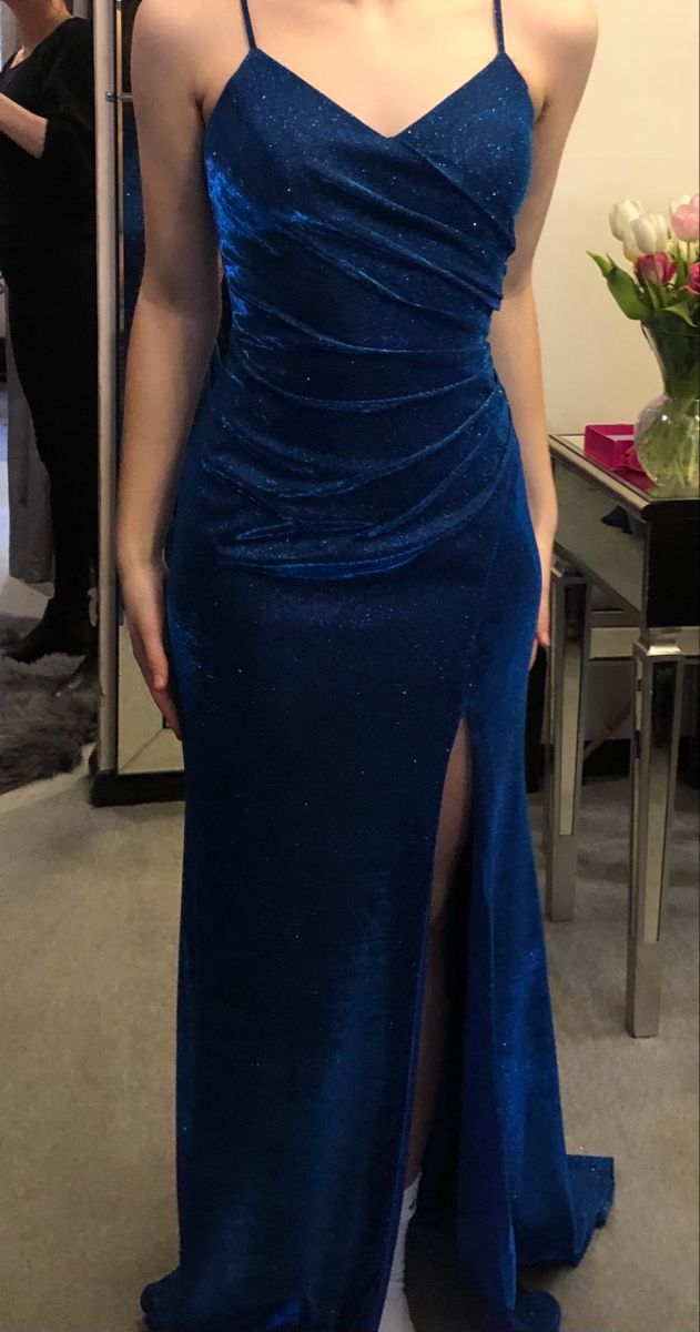 Spaghetti Straps Navy Sheath Sparkly Long Prom Dresses With Slit S6485