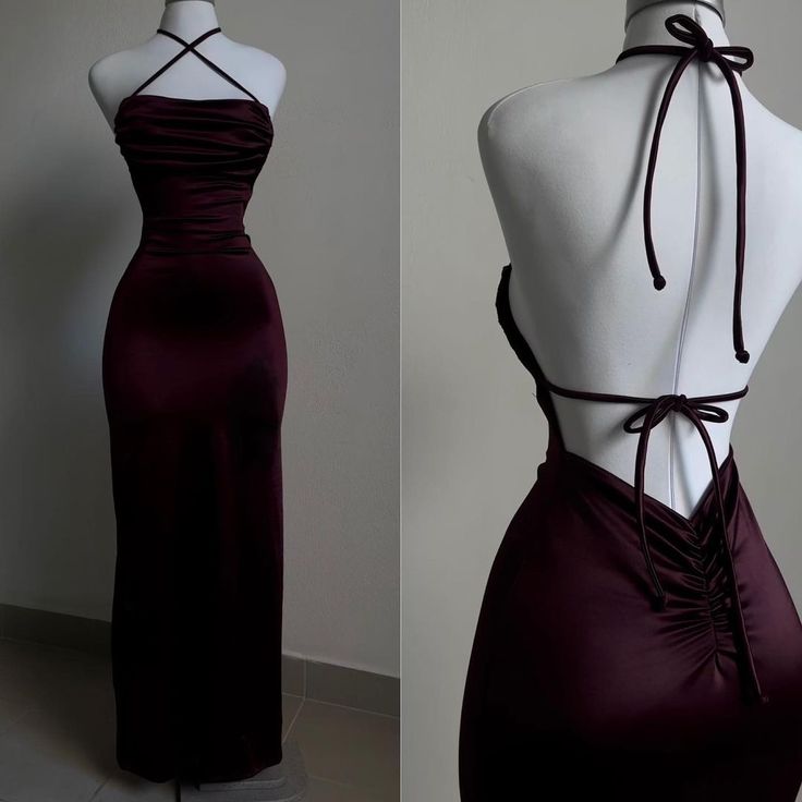 Burgundy Straps Open Back Sheath Satin Long Party Dress S6241