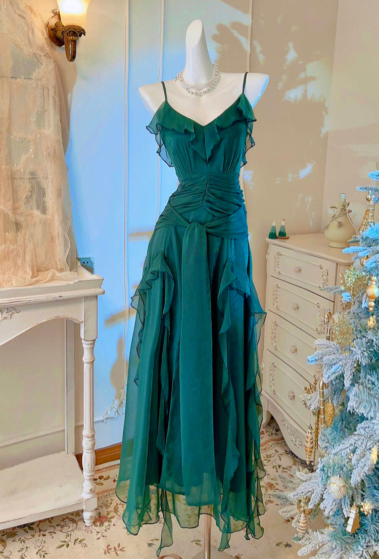 Green party dress women's ruffled long evening gown S5979