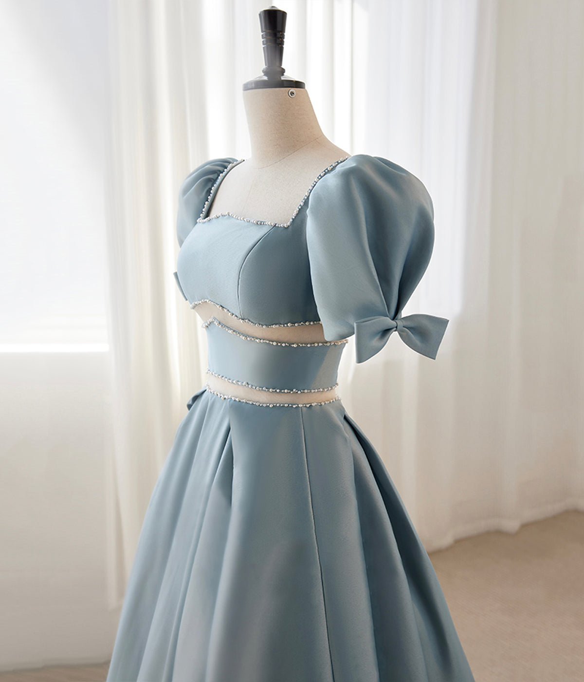 Blue Satin Beaded Long Prom Dress, Blue Short Sleeve Evening Dress S6357