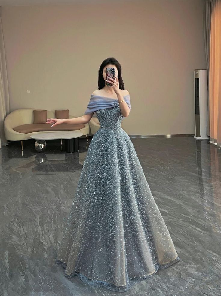 Modest Ball Gown Off The Shoulder Sequin Long Party Dress Gray Prom Dress S6256
