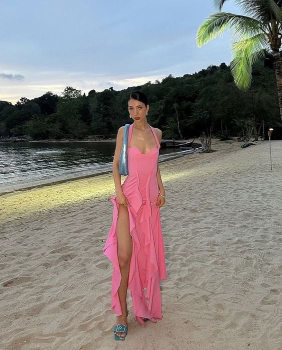 Sexy A line Halter Ruffles Floor Length Chiffon Pink Slit Prom Dress S6172