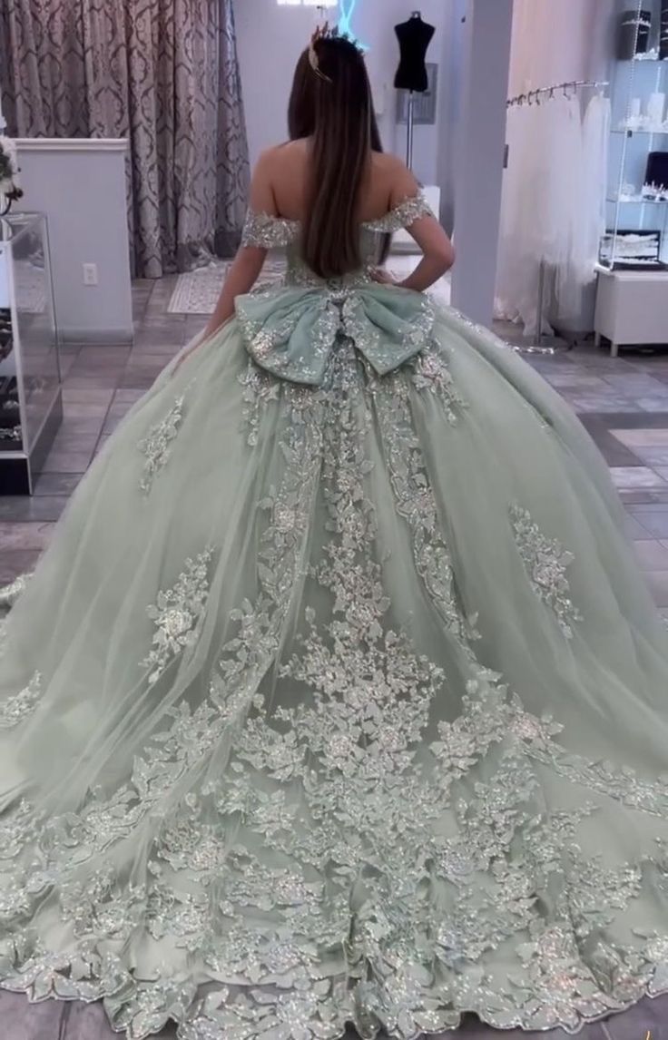 Green Elegant Off Shoulder Ball Gown Quinceanera Dress Tulle with Appliques S5926