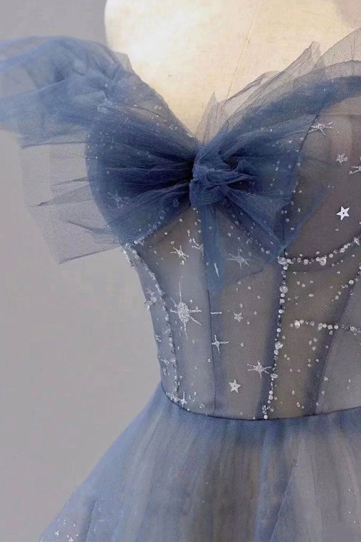 A-Line Off Shoulder Layers Tulle Long Evening Dress, Blue Formal Dress S6342