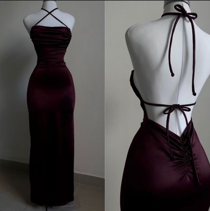 Elegant Sheath Halter Sleeveless Burgundy Satin Backless Prom Dresses Long Evening Dress S6232