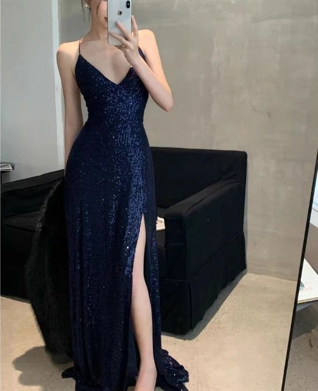 Spaghetti Straps Navy Blue Sequin Prom Dress Slit Evening Dress S6258