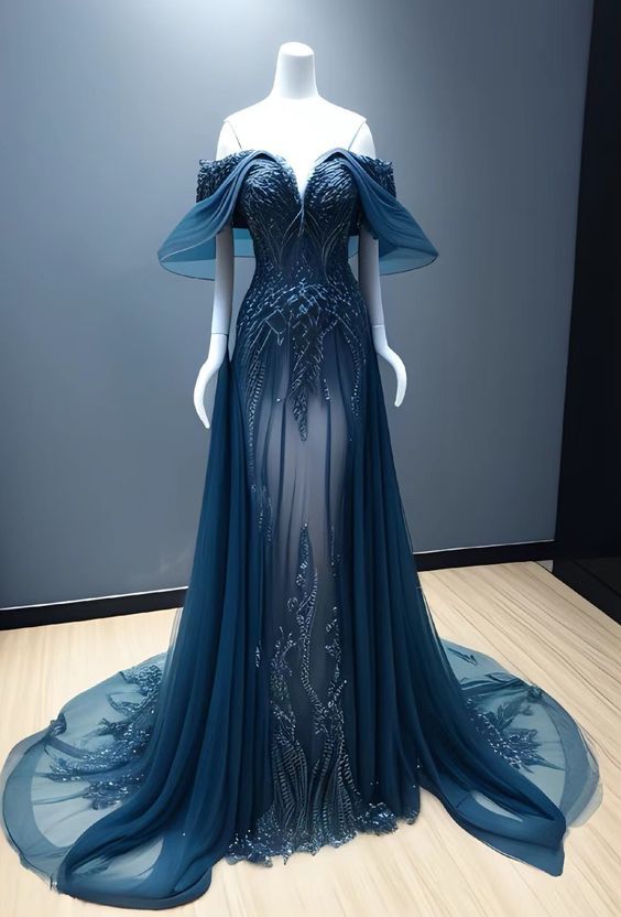 Vintage A Line Off The Shoulder Tulle Navy Blue Prom Dress S6393