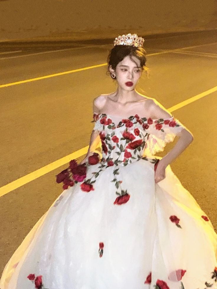 A-line Off Shoulder Elegant Long Prom Dresses Rose Evening Formal Dress S6372