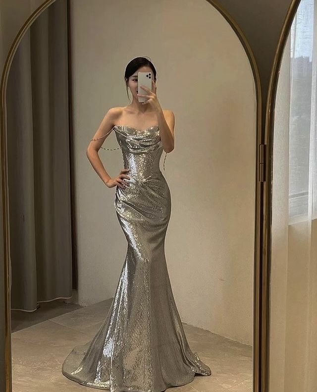 Sparkly Asymmetrical Spaghetti Straps Mermaid Floor Length Prom Dress S6186