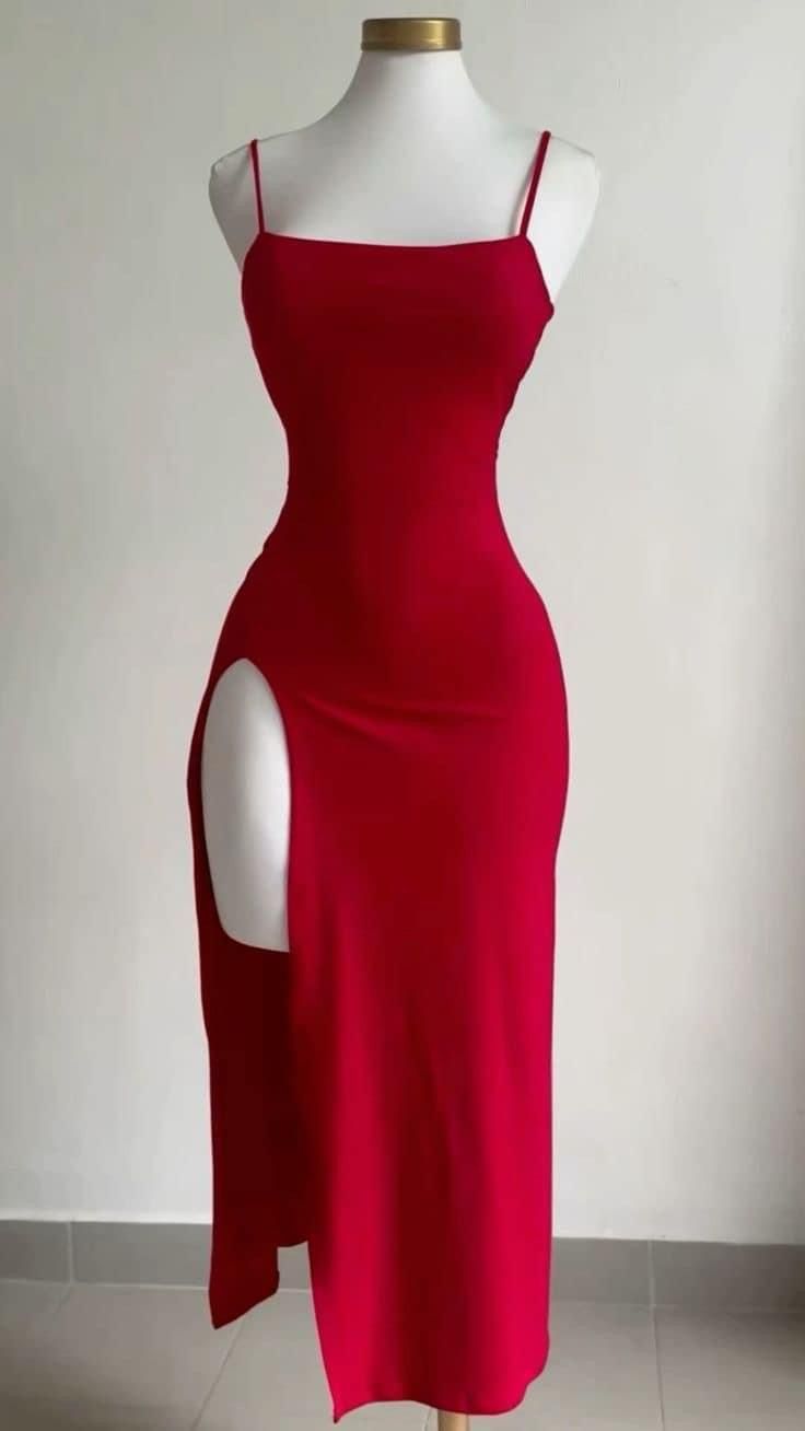Sexy Red Sheath Spaghetti Straps Slit Long Prom Dress S6249