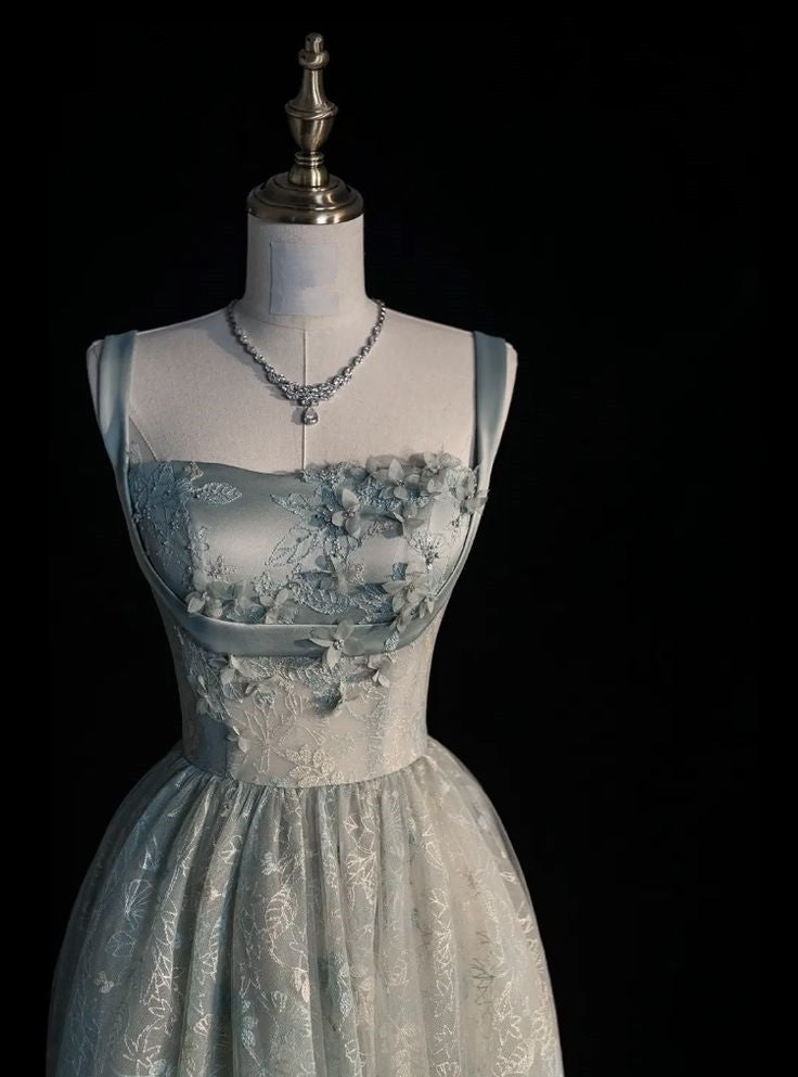 Elegant A Line Square Satin Applique Tulle Long Prom Dress, Evening Dress S6510