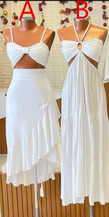 Cute A line Halter White Prom Dresses Summer Birthday Dress S6323