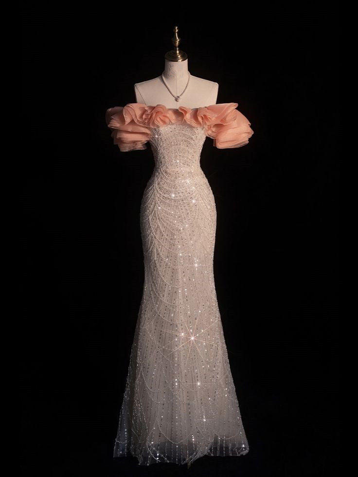 Elegant Off The Shoulder Sequin Long Prom Dresses Evening Party Dress S5885