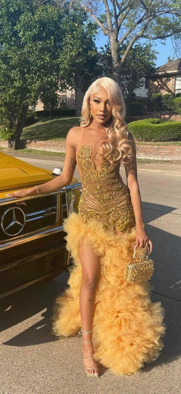 Luxury Gold Rhinestone Prom Dresses for Black Girls Beaded African Party Gowns Pageant Dresses S6227
