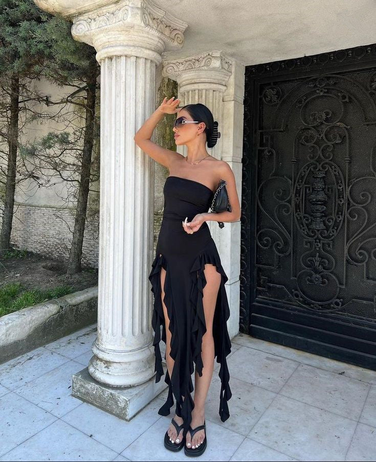 Elegant Strapless Black Irregular Dress Women Sexy Sleeveless Evening Dresses S6119