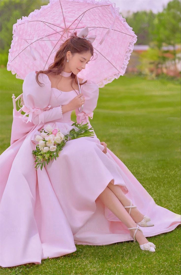 Elegant pink satin puff sleeve dress with ribbons pink Evening Dresses S6488