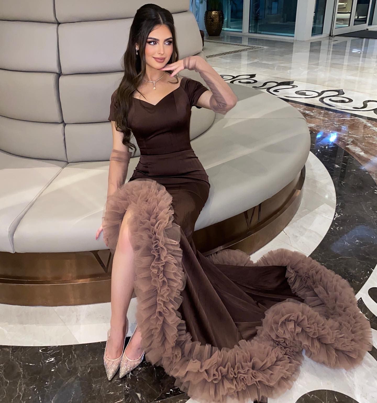 wedding dress for women V-neck short sleeves side slits pleated ruffles evening dress S5928