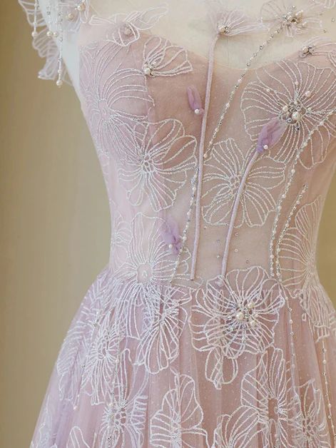 Light Pink Round Neckline Lace Long Prom Dress, A-line Pink Floor Length Party Dress S6340