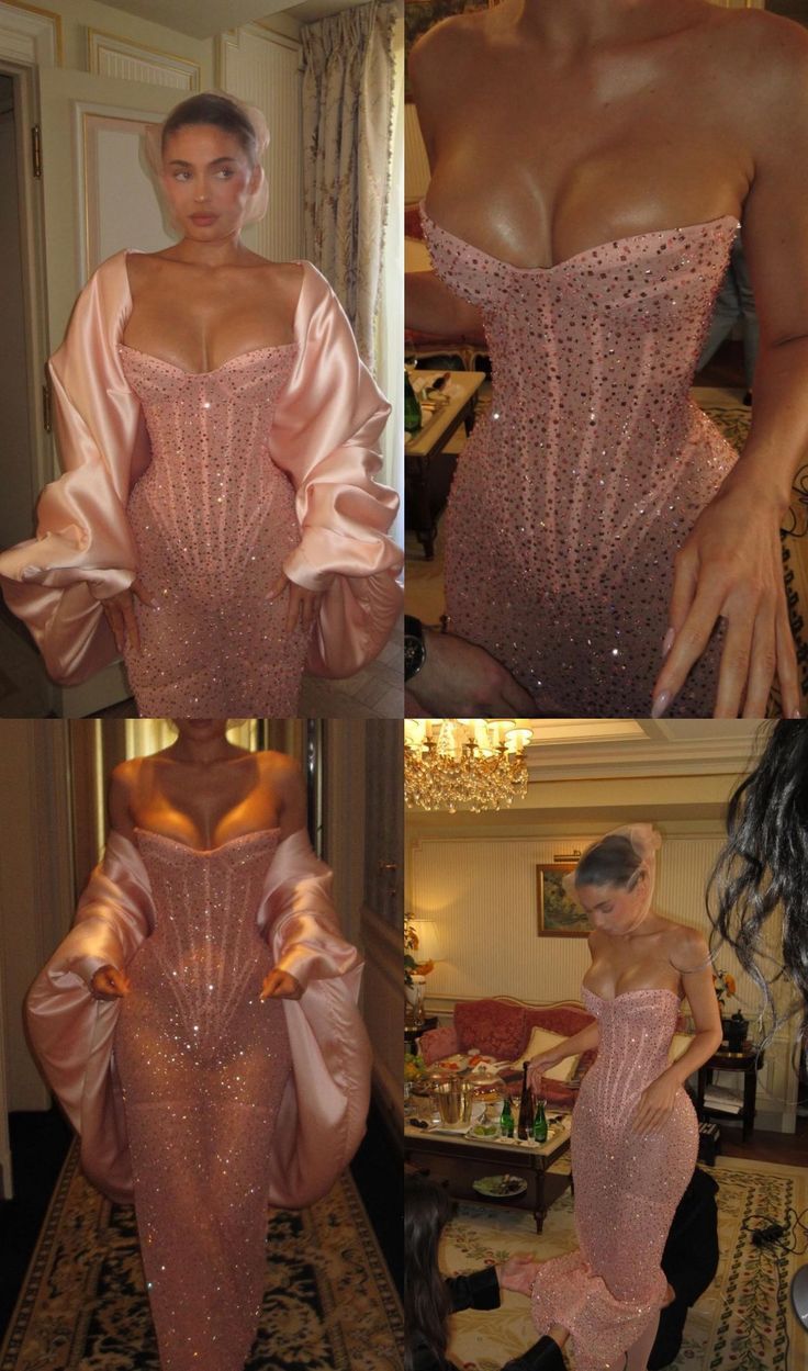 Classy Sheath Strapless Sequin Floor Length Pink Slit Prom Dresses Prom Gowns S6077