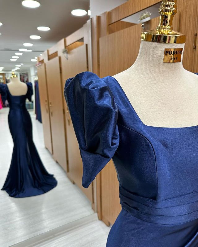 Blue Long Mermaid Prom Dress with Bubble Sleeves and Square Neckline Slit S5963